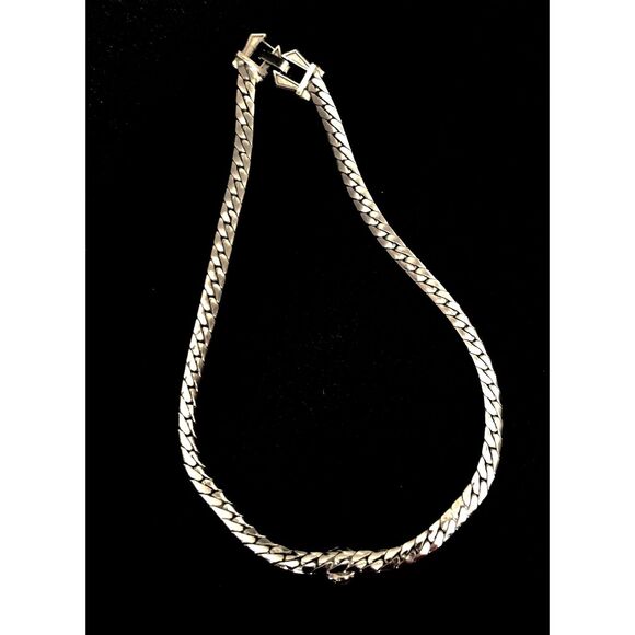 Vintage Aqua Rhinestone Choker on Heavy Silver-Tone Serpentine Omega Chain 1940s - Picture 8 of 11